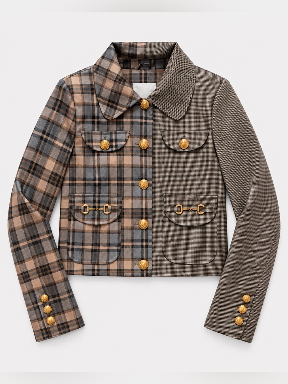 Avec Les Filles Mixed Plaid Houndstooth Cropped Jacket Gold Buttons Size S NWT